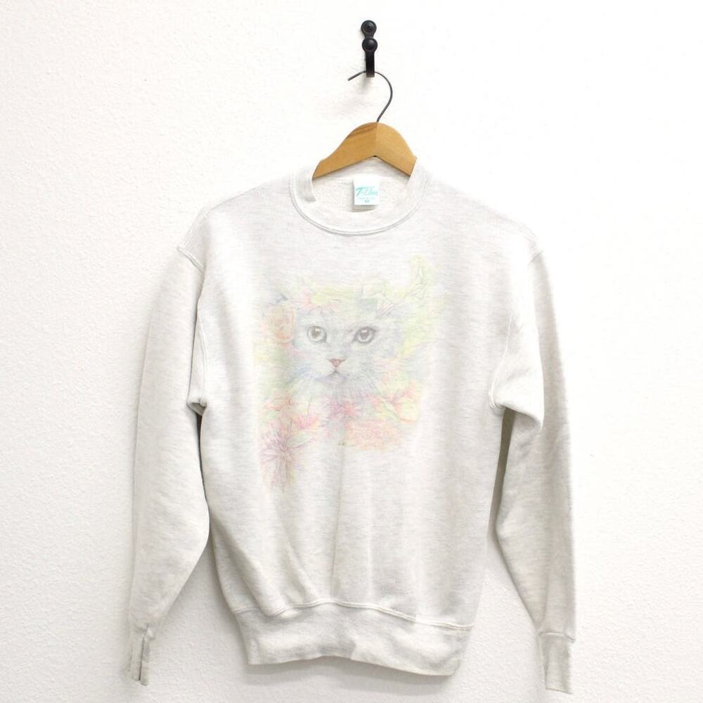 Vintage Kitty Cat Pastel Floral Sweatshirt Medium